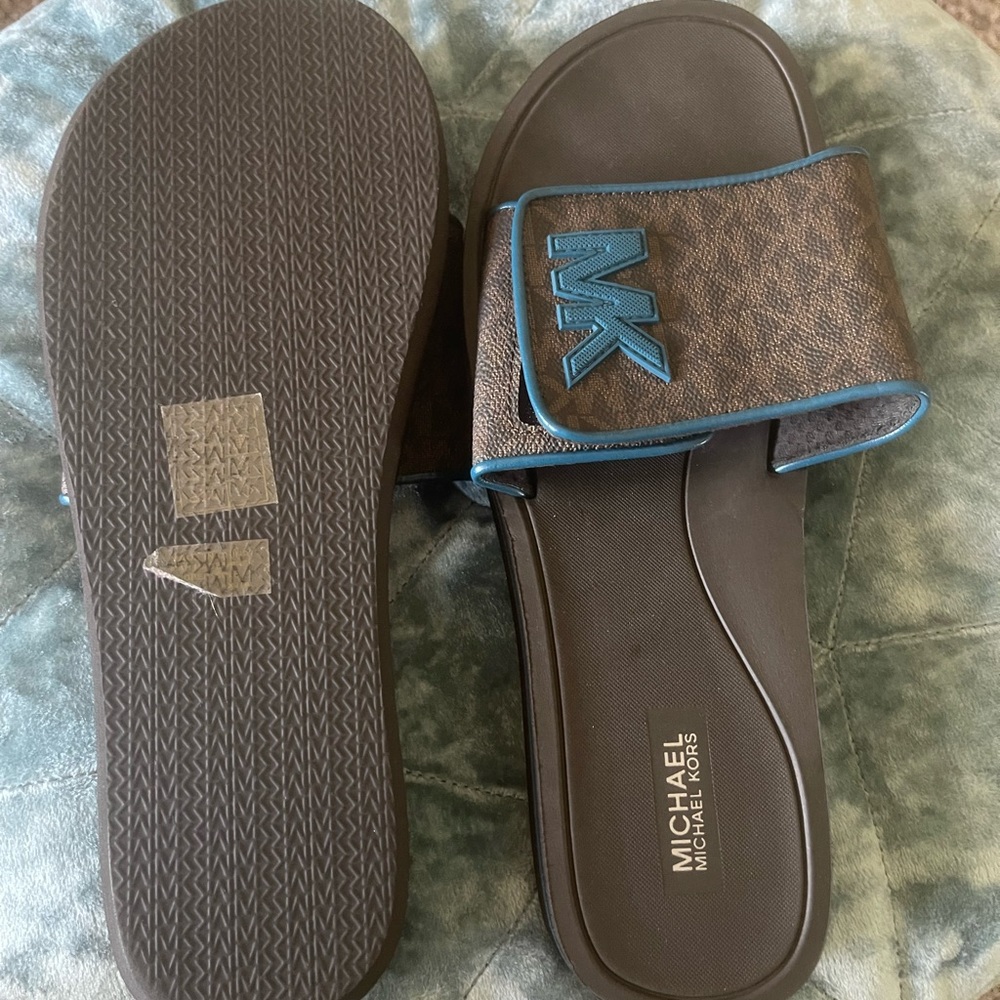 Michael Kors Brown and Blue Slide Sandals